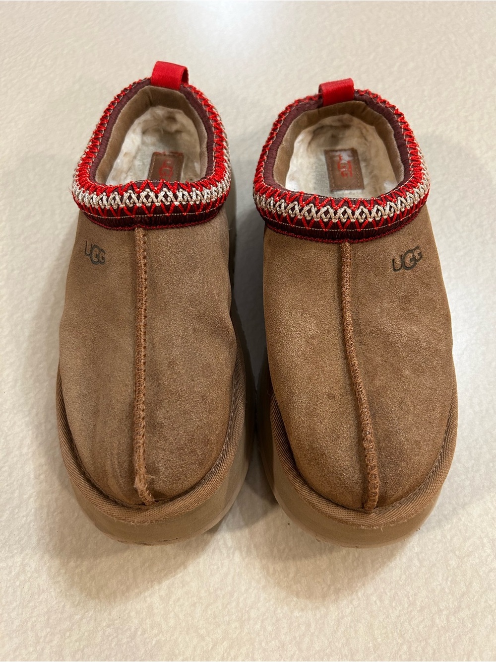 UGG Brown Suede Slip-On Clogs with Red Trim Accent